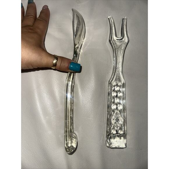 Vintage Glass 9.5" Serving Fork And Spoon Set Embossed Diamond Pattern EUC - Picture 3 of 7